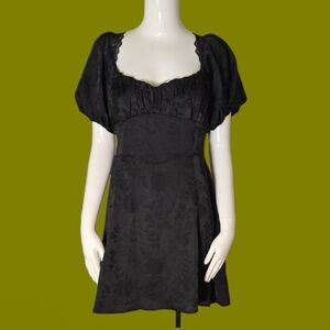 Satin & Lace Puff Sleeve Floral Print Mini Dress, Black, Sz Small